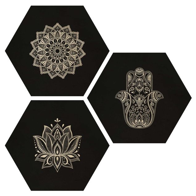 Esagono in legno - Mandala mano di Hamsa Lotus Set To Black