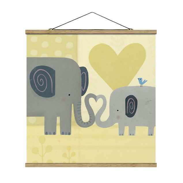 Quadro su tessuto con stecche per poster - Io e mia madre - Elefanti - Quadrato 1:1