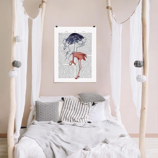 Poster illustrazioni Lettura con animali - Fenicottero con ombrello