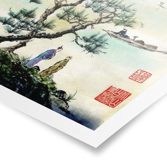 Poster - Giapponese disegno ad acquerello di pino e Mountain Village - Verticale 4:3