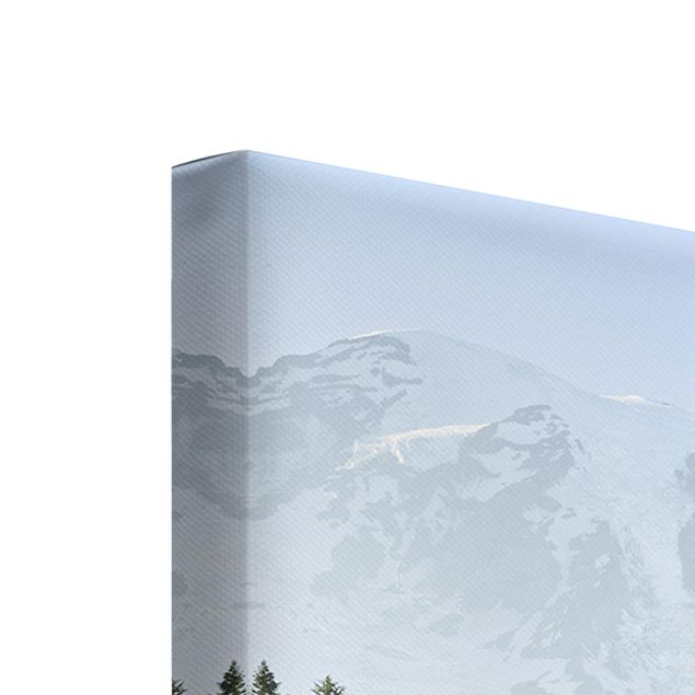 Stampa su tela 2 parti - Prato di montagna con fiori blu davanti al monte Rainier