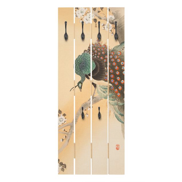 Appendiabiti in legno - Vintage illustrazione Asian Peacock II - Ganci cromati - Verticale