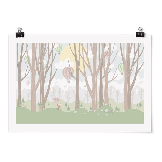 Poster cameretta bambini verde Sole con alberi e mongolfiere