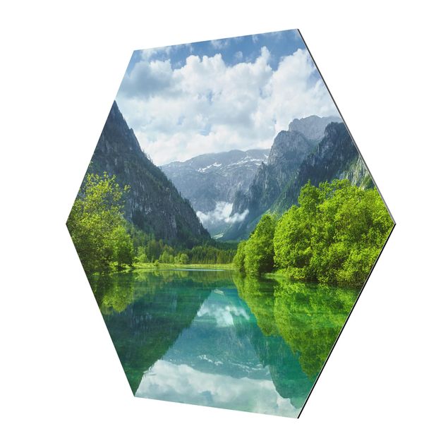 Esagono in Alluminio Dibond - Mountain Lake con mirroring