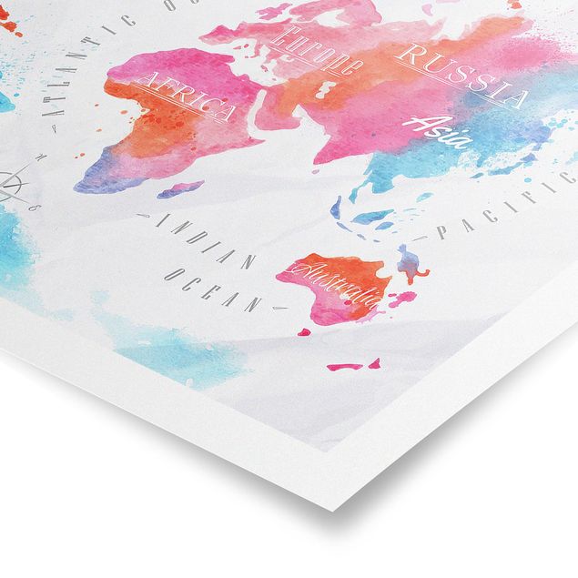 Poster - Mappa del mondo Acquerello Blu Rosso - Orizzontale 2:3