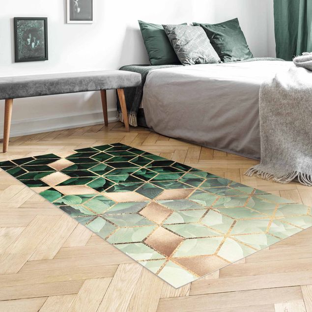 Tappeti moderni soggiorno Foglie verdi Geometria dorata