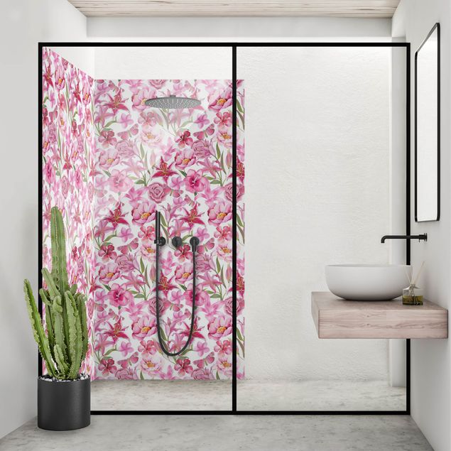 Rivestimento per doccia - Fiori rosa con farfalle