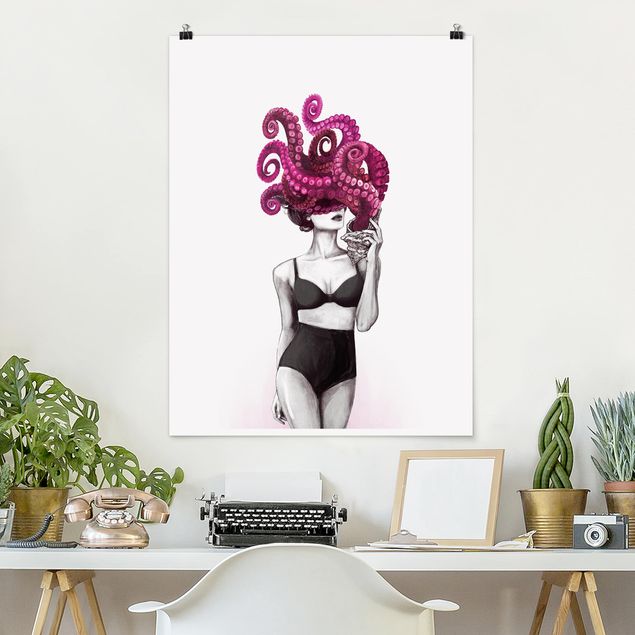 Poster - Illustrazione Donna In Biancheria Intima Bianco e nero Octopus - Verticale 4:3