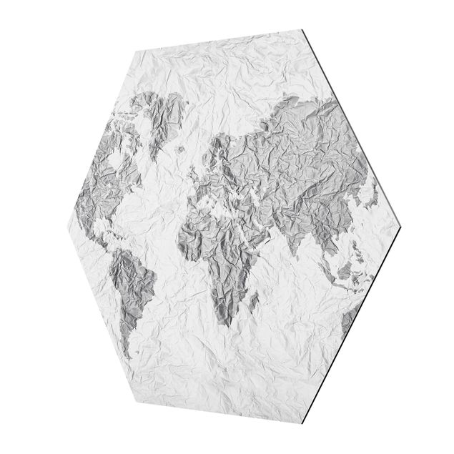 Esagono in Alluminio Dibond - Paper World Map Bianco Grigio
