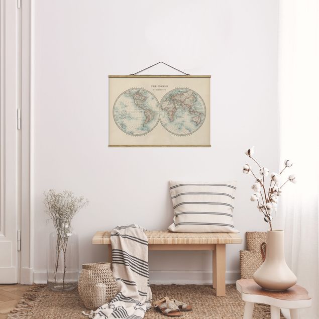 Foto su tessuto da parete con bastone - Mappa del mondo Vintage i due emisferi - Orizzontale 2:3