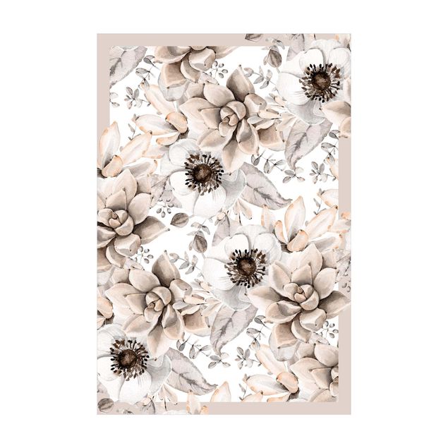 Tappeto beige salotto Composizione ad acquerello con succulente e boccioli di fiori