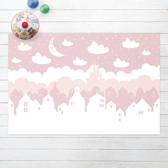Tappeto per terrazzo esterno Cielo stellato con case e luna in rosa