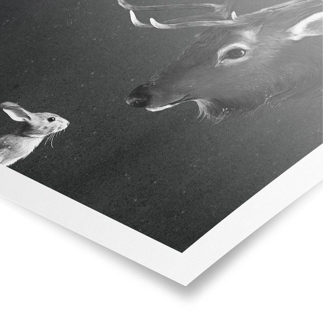 Poster - Illustrazione Cervi E coniglio pittura Bianco e nero - Verticale 4:3