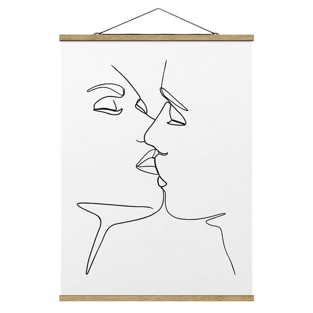 Foto su tessuto da parete con bastone - Line Art bacio Faces Bianco e nero - Verticale 4:3