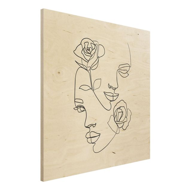 Stampa su legno - Line Art Faces donne Roses Bianco e nero - Quadrato 1:1