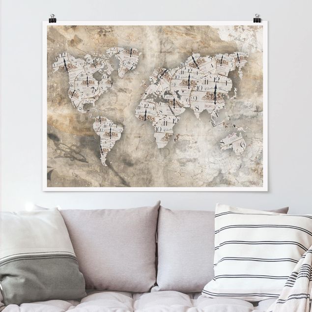 poster da parete vintage Orologi Shabby - Mappa del Mondo
