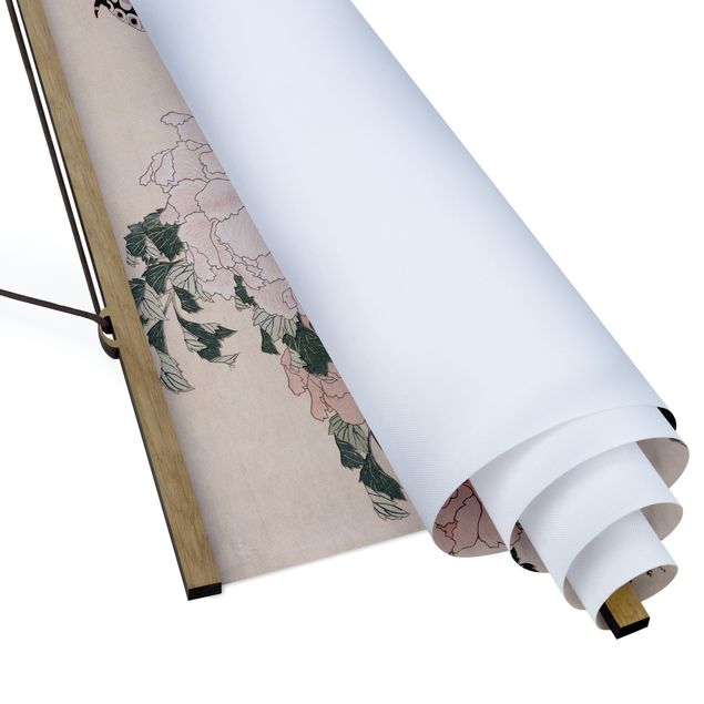 Foto su tessuto da parete con bastone - Katsushika Hokusai - Rosa peonie con la farfalla - Orizzontale 2:3