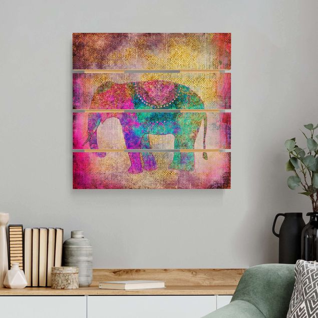 Stampa su legno - Colorato collage - Elefante indiano - Quadrato 1:1