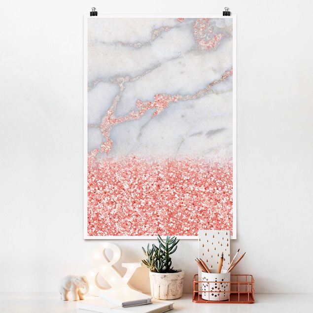 quadro astratto moderno Effetto marmo con coriandoli rosa