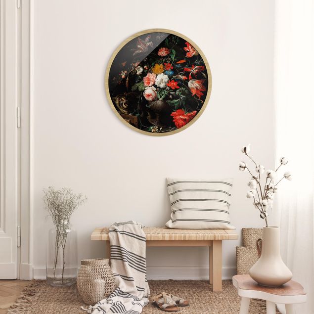 Poster con cornice rotonda Abraham Mignon - Il bouquet rovesciato