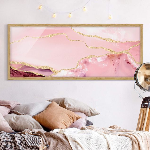 quadro astratto Montagne rosa astratte con linee d'oro
