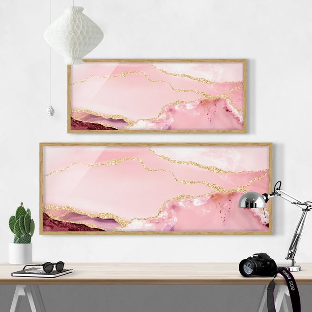 Poster con cornice - Montagne rosa astratte con linee d'oro