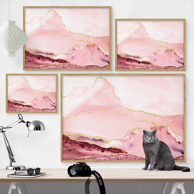 Poster con cornice - Montagne rosa astratte con linee d'oro