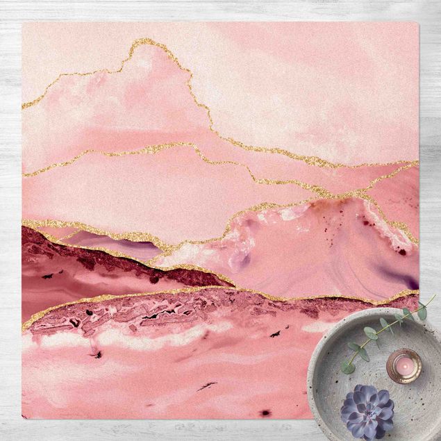 Tappeti bagno moderni Montagne rosa astratte con linee d'oro