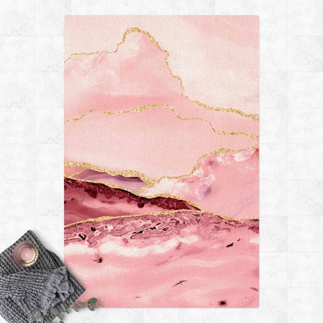 Tappeti moderni Montagne rosa astratte con linee d'oro