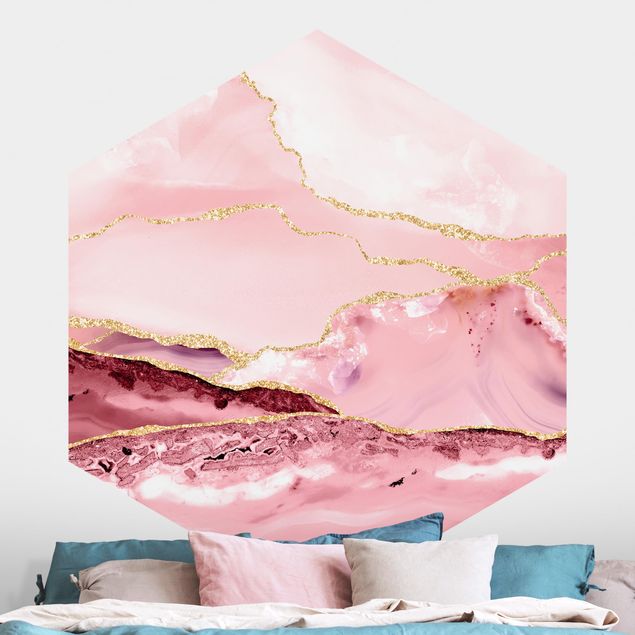 carta da parati effetto acquerello Montagne rosa astratte con linee d'oro