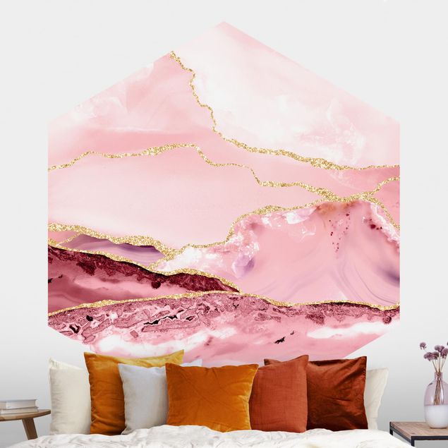 Tapete abstrakte Optik Montagne rosa astratte con linee d'oro