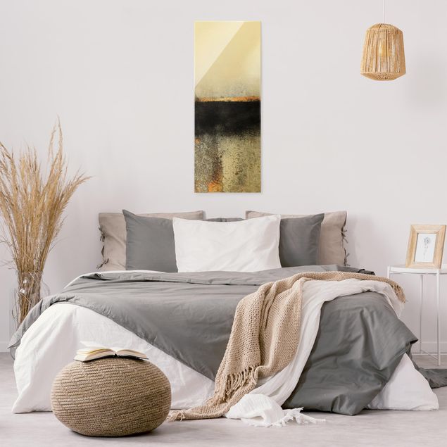 Quadro in vetro - Orizzonte dorato astratto bianco e nero - Formato verticale