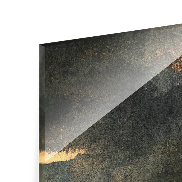 Quadro in vetro - Riva del lago astratta in oro - Formato verticale