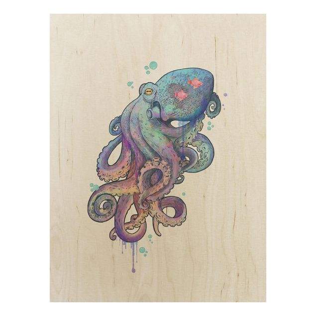 Stampa su legno - Illustrazione Octopus Viola Turchese Pittura - Verticale 4:3