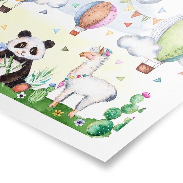 Poster cameretta bambini verde Panda e lama acquerello
