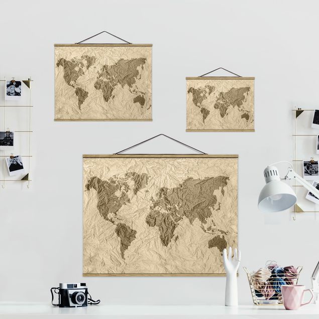 Foto su tessuto da parete con bastone - Paper World Map Beige Marrone - Orizzontale 3:4