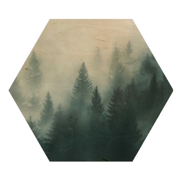 Esagono in legno - Foresta di conifere In Nebbia