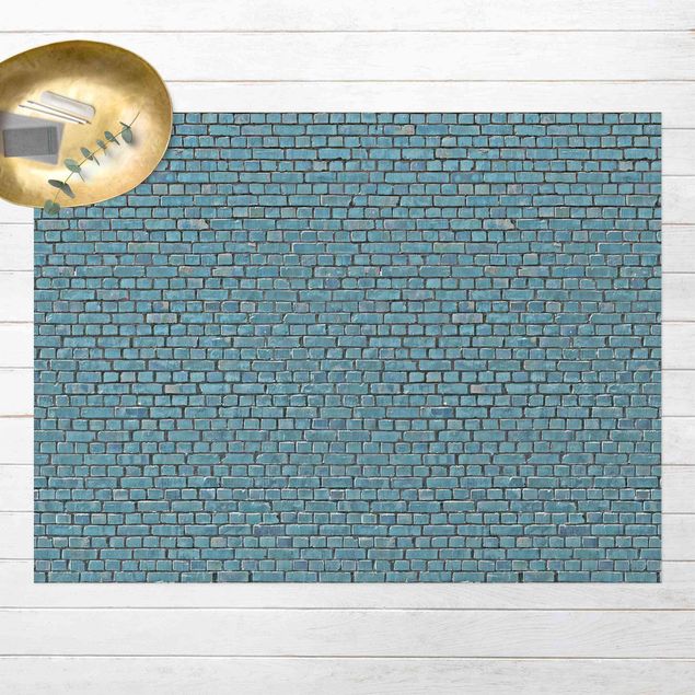 Tappeto da balcone Carta da parati effetto mattoni e piastrelle in blu turchese