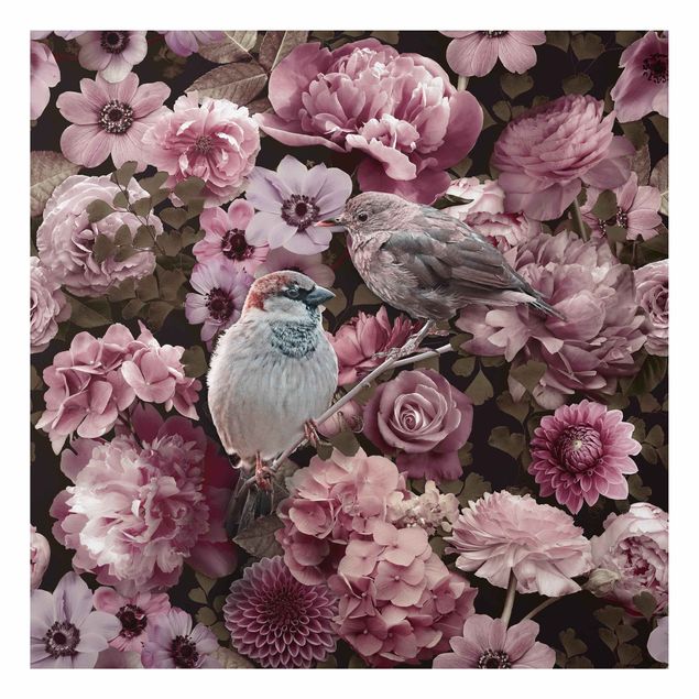 Stampa su alluminio - Paradiso floreale con passerotti in rosa antico