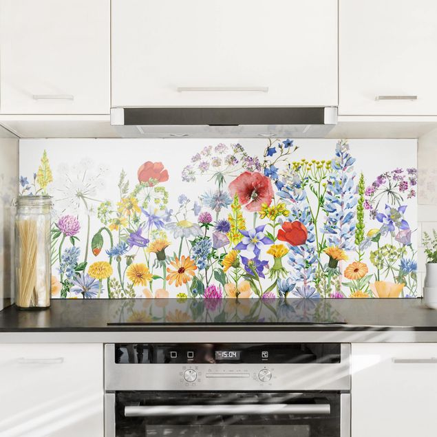 paraschizzi cucina vetro magnetico Prato fiorito ad acquerello