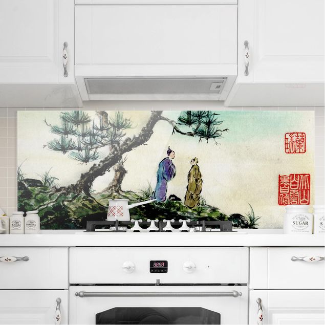 paraschizzi cucina vetro magnetico Disegno acquerello giapponese pino e villaggio di montagna