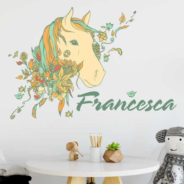 Adesivo murale Cavallo con fiori con testo personalizzato