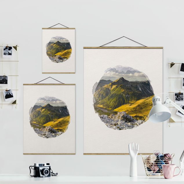 Foto su tessuto da parete con bastone - Acquerelli - Montagne e valle delle Alpi Lechtal in Tirolo - Verticale 4:3