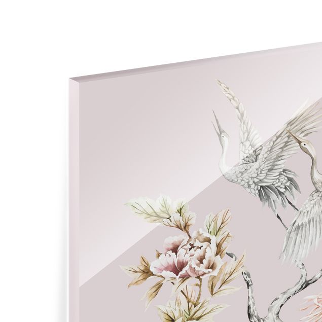Paraschizzi in vetro - Acquerello di cicogne in volo con fiori su rosa - Quadrato 1:1