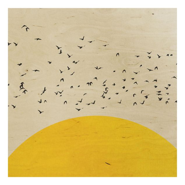 Stampa su legno - Stormo di uccelli davanti al sole dorato - Quadrato 1:1