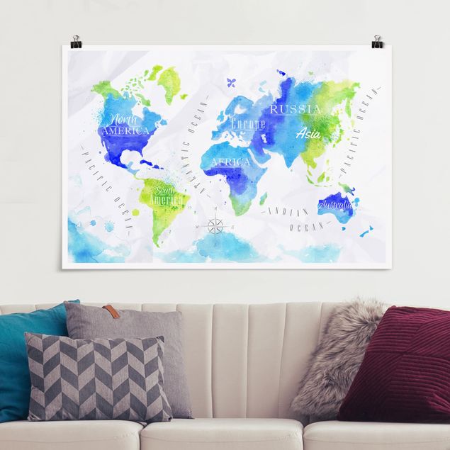 Poster illustrazioni Mappa del mondo Acquerello Blu Verde
