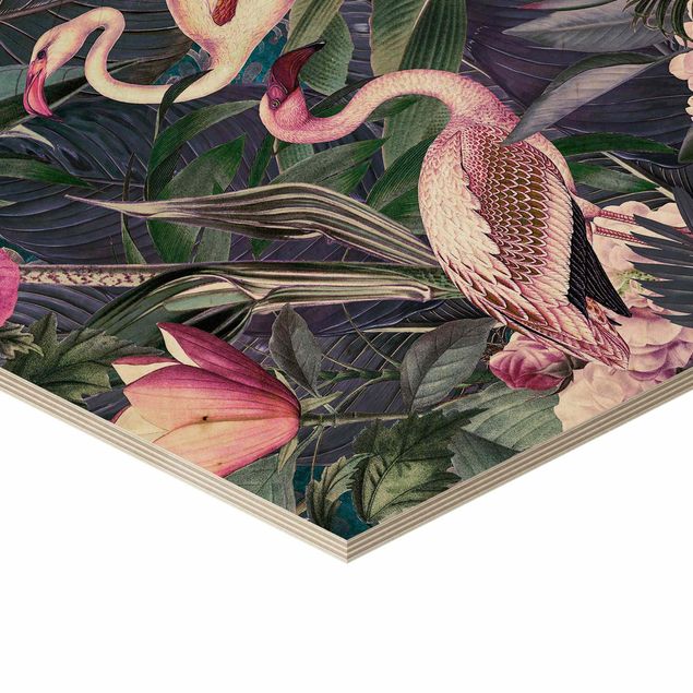Esagono in legno - Colorato collage - Fenicotteri Rosa In The Jungle