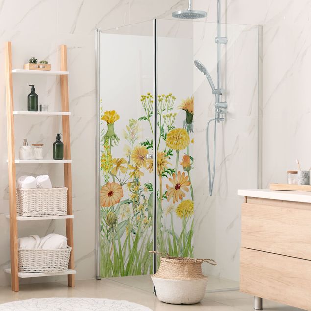 Rivestimento per doccia - Prato fiorito in acquerello giallo