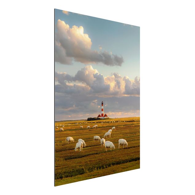 quadri con animali Faro sul Mare del Nord con gregge di pecore