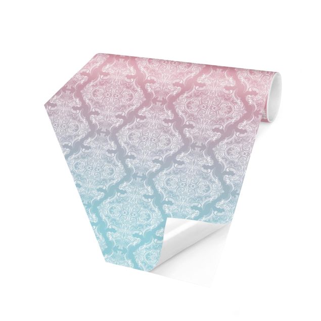 Carta da parati esagonale adesiva con disegni - Acquerello di trama barocca in blu e rosa sfumato